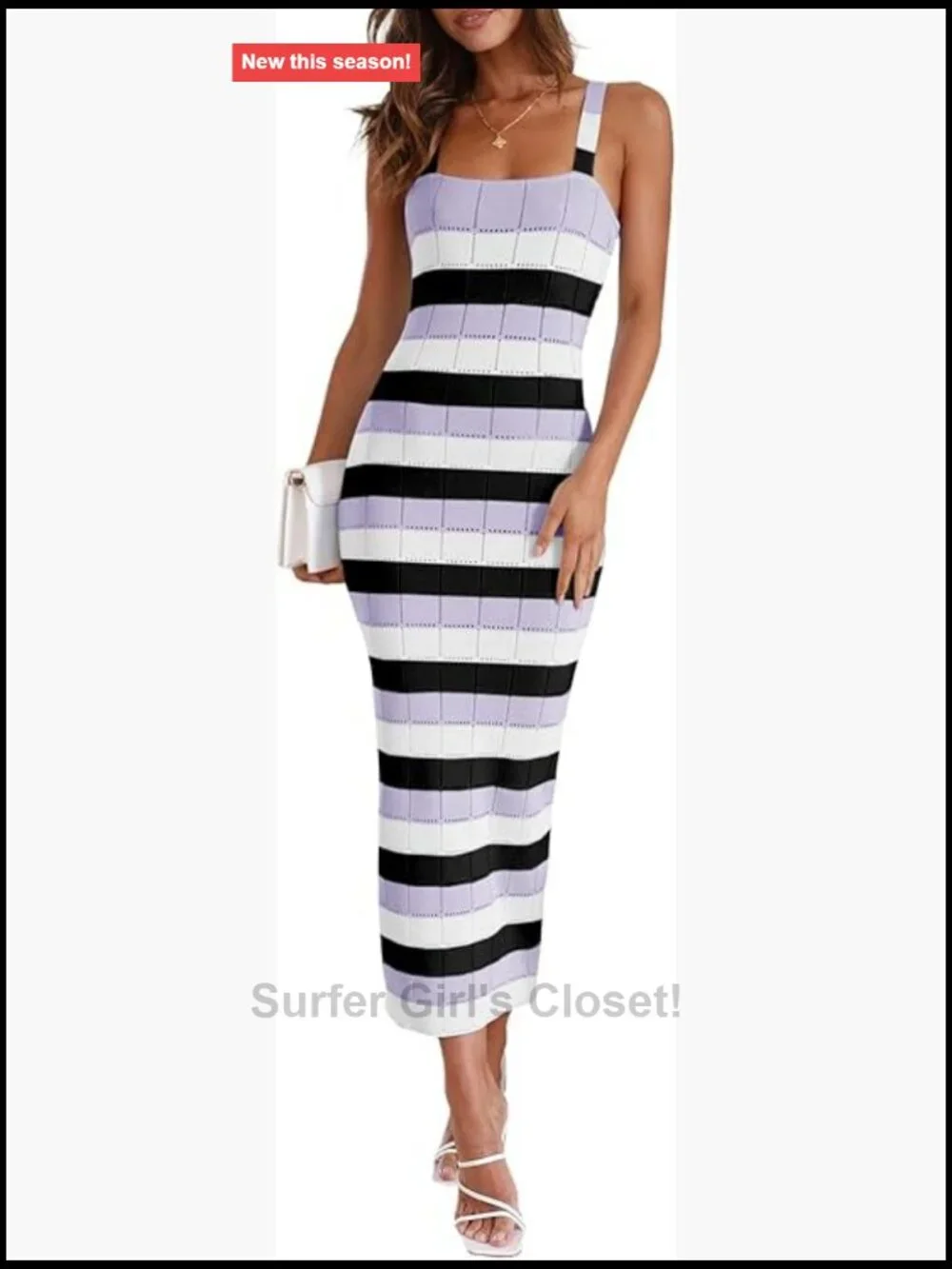 Striped Bodycon Midi Dress Sleeveless Square Neck Color Block Knit Summer Tank